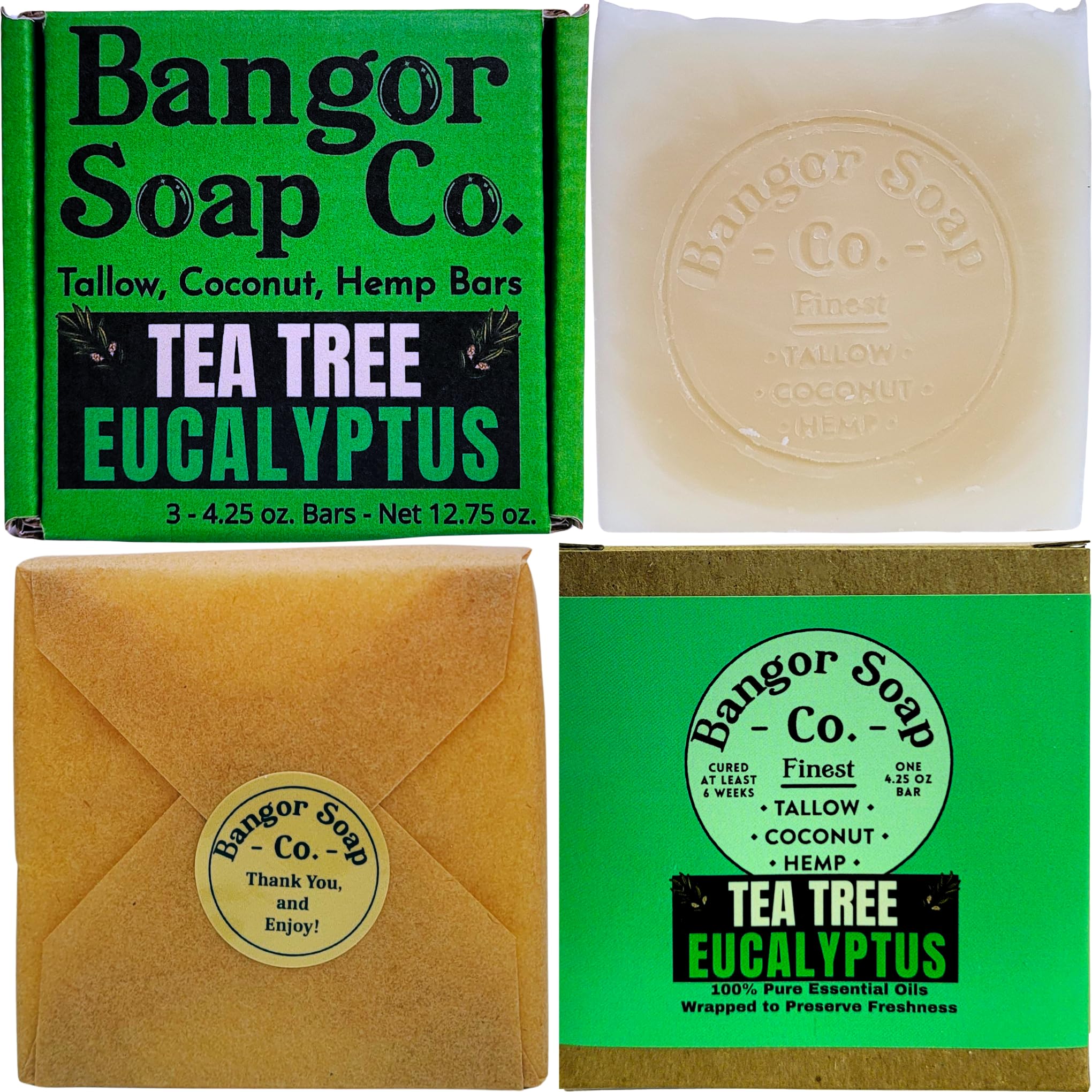 Bangor Soap Co.'s COOLING TEA TREE EUCALYPTUS Pure, Natural Soap Bars, The FINEST Tallow, Coconut, and Hemp, NOTHING Artificial, NOTHING Superficial for A Smooth, Nourishing Lather (3-Pack)…